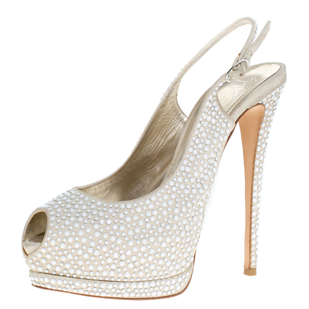 Giuseppe Zanotti Beige Suede Crystal Embellished Peep Toe Platform Slingback Sandals Size 40 Giuseppe Zanotti Beige Suede Crystal Embellished Peep Toe Platform Slingback Sandals Size 40