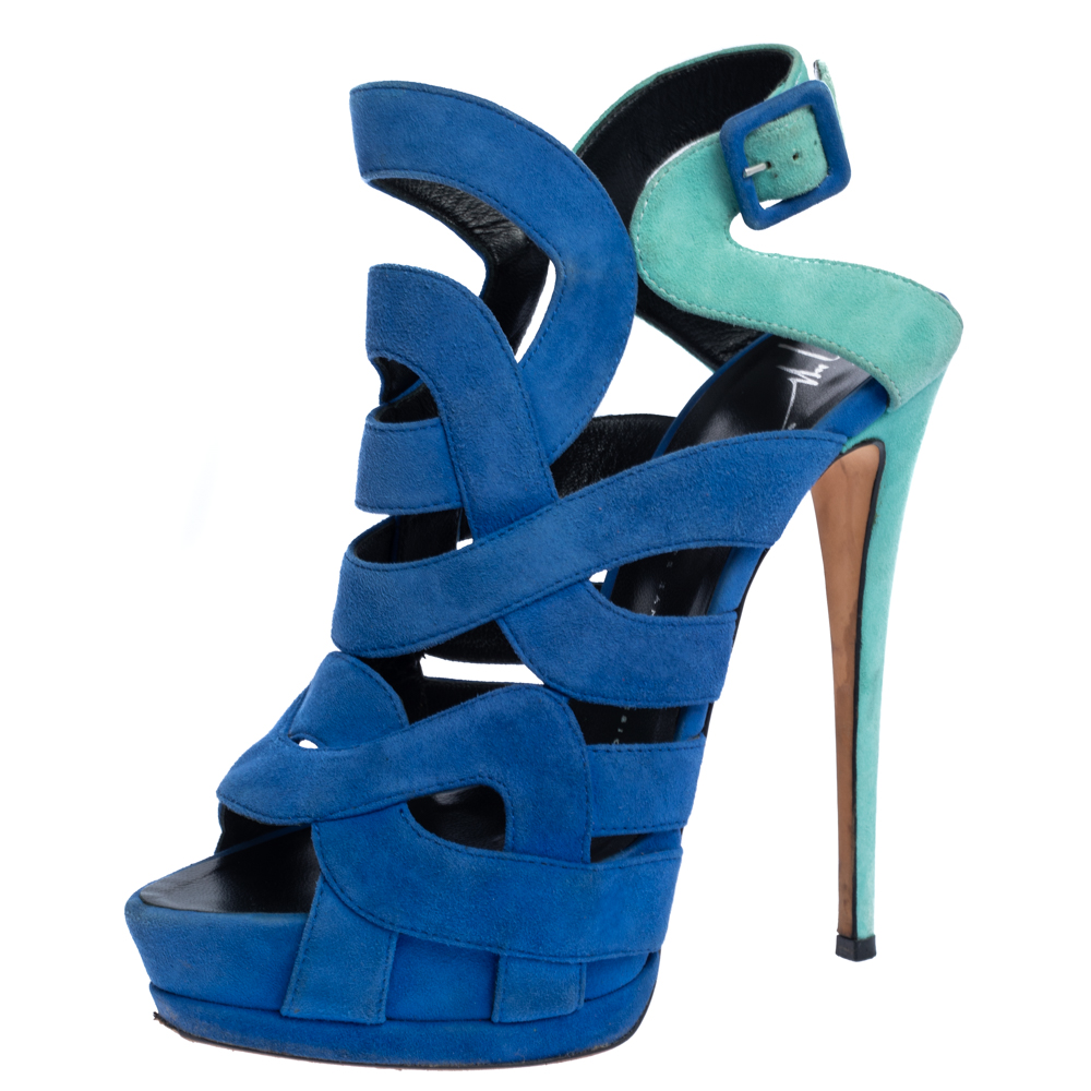 Giuseppe Zanotti Blue Suede Cutout Caged Slingback Sandals Size 40 Giuseppe Zanotti Blue Suede Cutout Caged Slingback Sandals Size 40