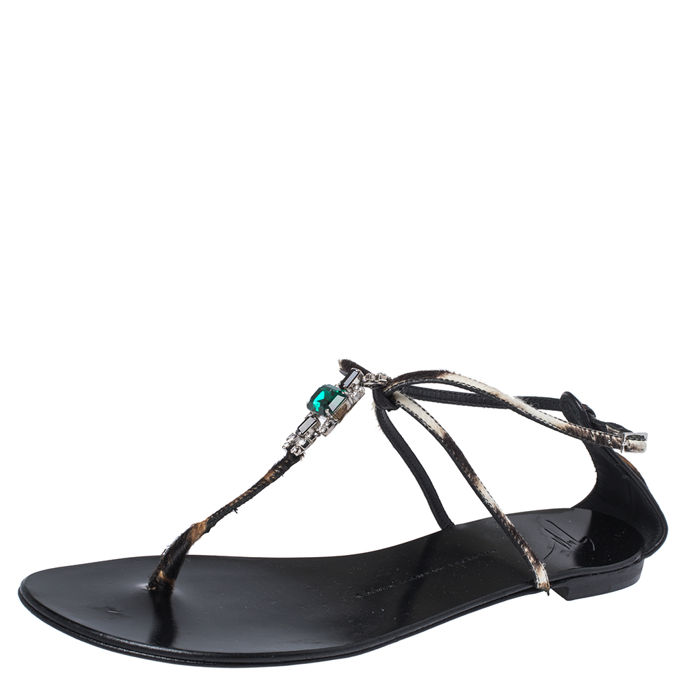 Giuseppe Zanotti Brown/Beige Pony Hair Crystal Embellished Strappy Flat Sandals Size 41 Giuseppe Zanotti Brown/Beige Pony Hair Crystal Embellished Strappy Flat Sandals Size 41