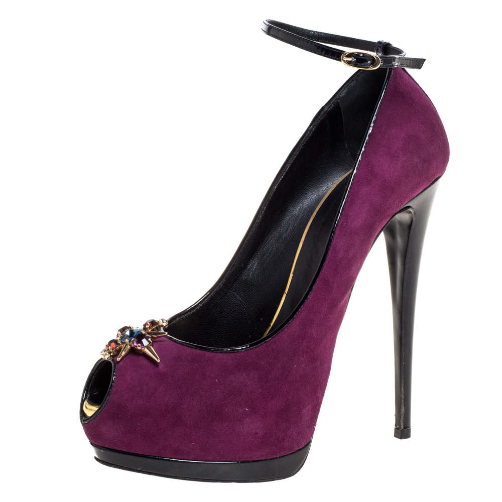 Giuseppe Zanotti Purple Suede Crystal Embellished Pep Toe Ankle Strap Pumps Size 40 Giuseppe Zanotti Purple Suede Crystal Embellished Pep Toe Ankle Strap Pumps Size 40