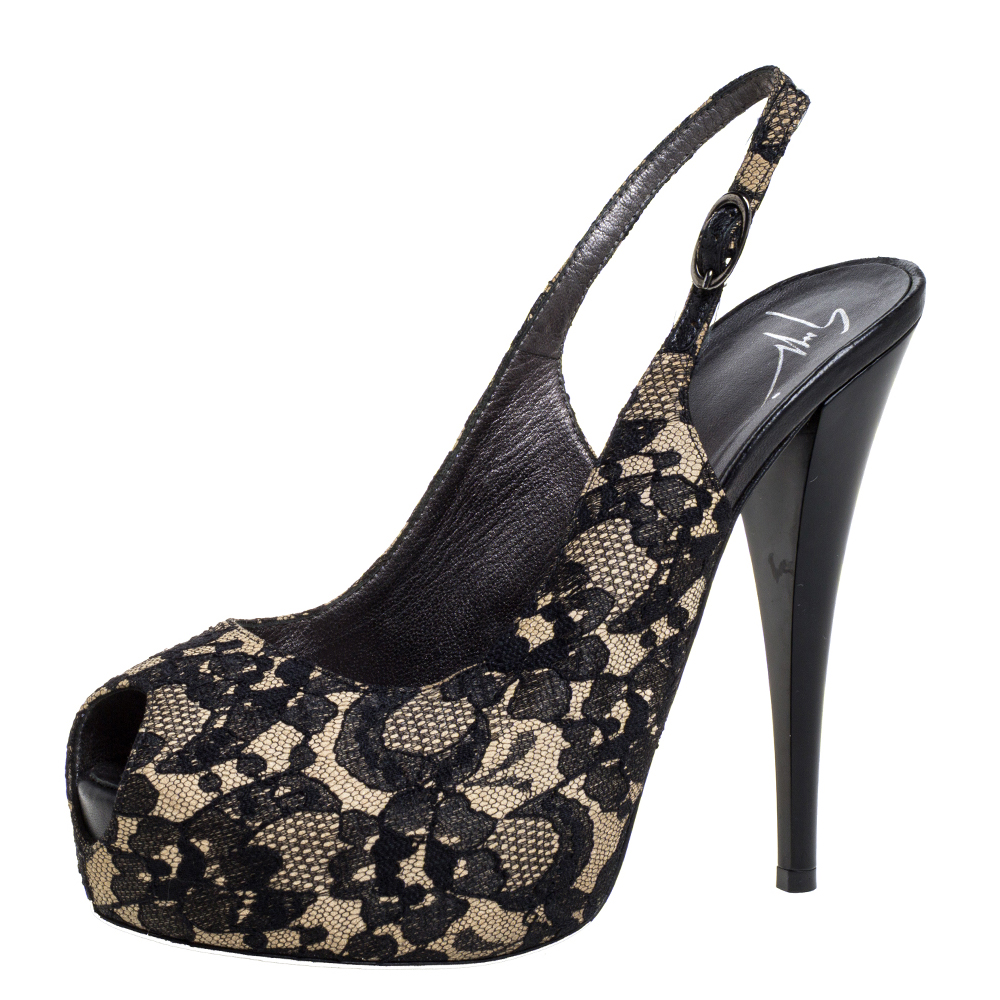 Giuseppe Zanotti Black Lace Peep Toe Slingback Sandals Size 38 Giuseppe Zanotti Black Lace Peep Toe Slingback Sandals Size 38