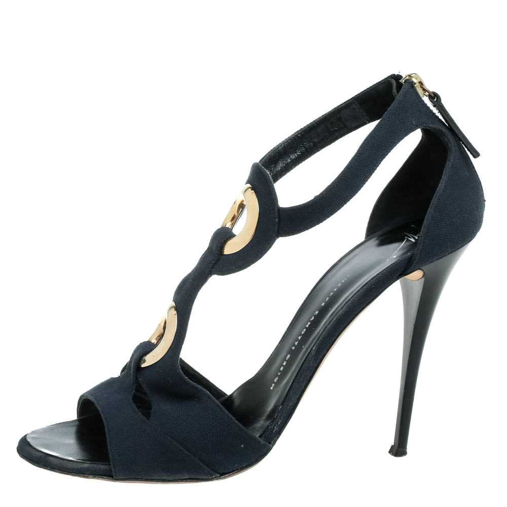 luxury-women-giuseppe-zanotti-used-shoes-p349069-007.jpg Giuseppe Zanotti Blue Canvas Embellished Cutout T Strap Zipper Sandals Size 40