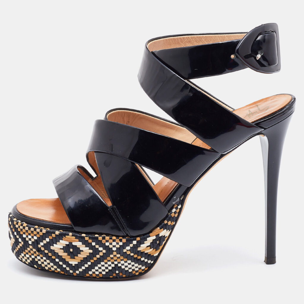 luxury-women-giuseppe-zanotti-used-shoes-p749404-002.jpg Giuseppe Zanotti Black Patent Leather Woven Platform Ankle Strap Sandals Size 37