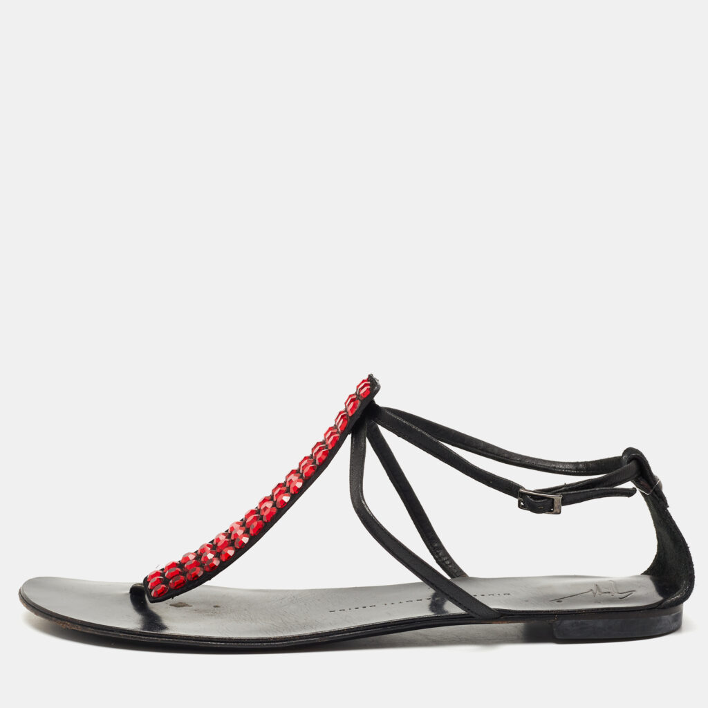 Giuseppe Zanotti Black Suede and Leather Crystal Embellished T-Strap Flat Sandals Size 40 Giuseppe Zanotti Black Suede and Leather Crystal Embellished T-Strap Flat Sandals Size 40