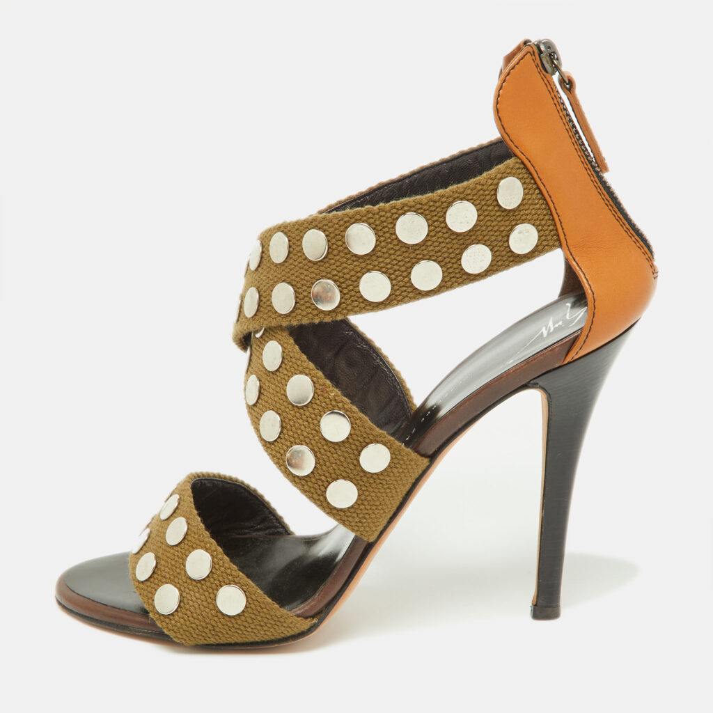 Giuseppe Zanotti Olive Green/Brown Canvas and Leather Studded Strappy Sandals Size 40.5 Giuseppe Zanotti Olive Green/Brown Canvas and Leather Studded Strappy Sandals Size 40.5