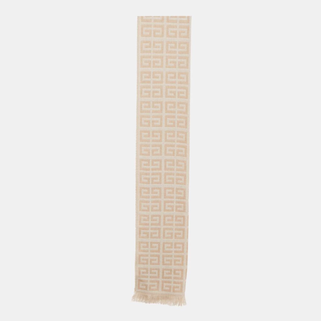 Givenchy Beige Monogram Wool Knit Fringed Scarf Givenchy Beige Monogram Wool Knit Fringed Scarf
