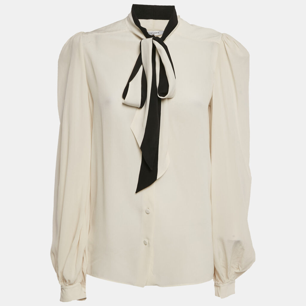 Givenchy Off- White Silk Chiffon Contrast Neck Tie Detail Shirt M Givenchy Off- White Silk Chiffon Contrast Neck Tie Detail Shirt M