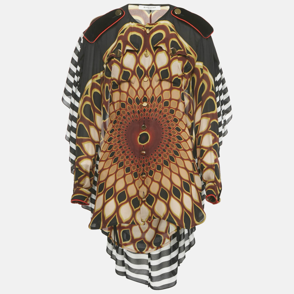 Givenchy Black Printed Silk Frill Back Open Blouse M Givenchy Black Printed Silk Frill Back Open Blouse M