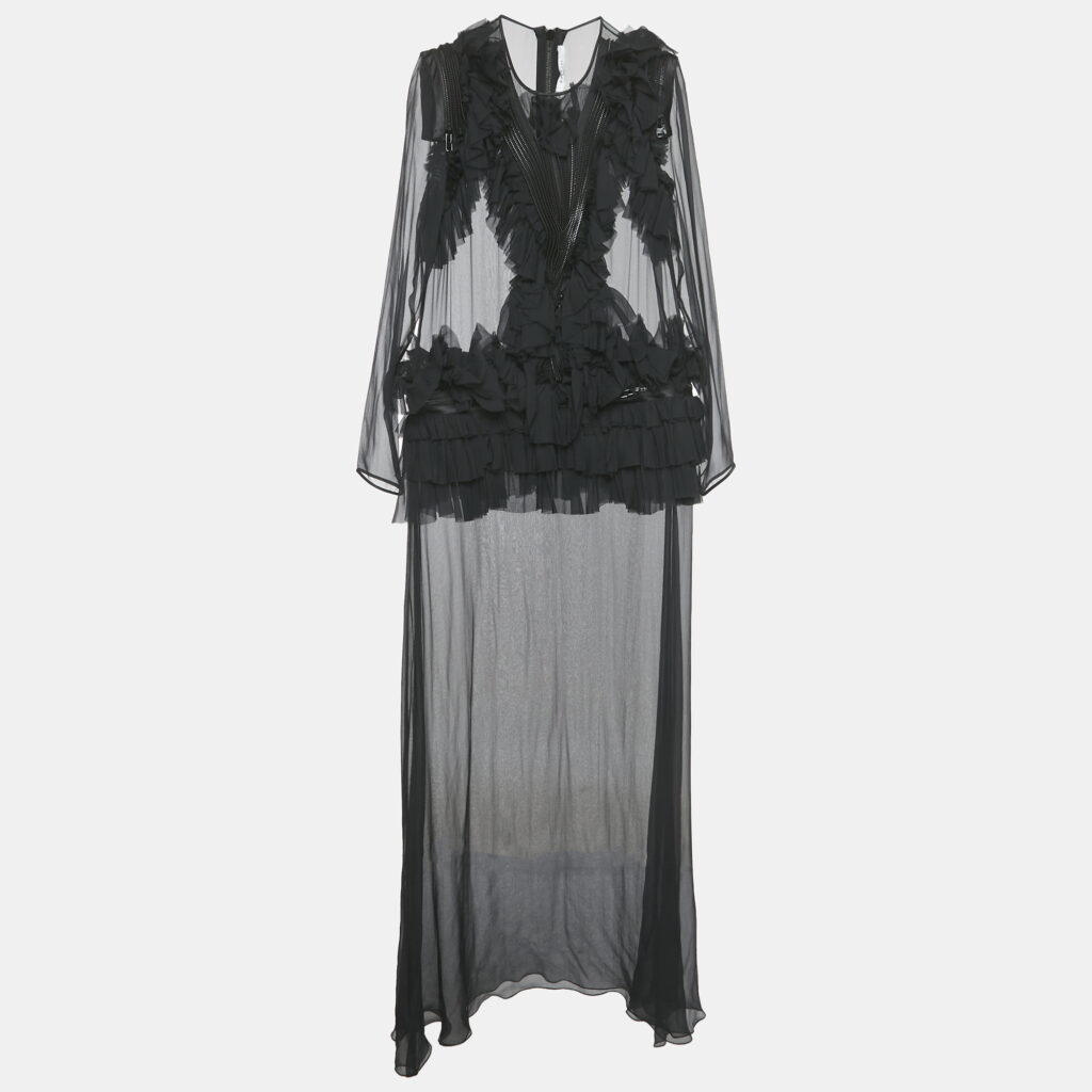 Givenchy Black Frill & Zipper Detail Silk Sheer Maxi Dress L Givenchy Black Frill & Zipper Detail Silk Sheer Maxi Dress L