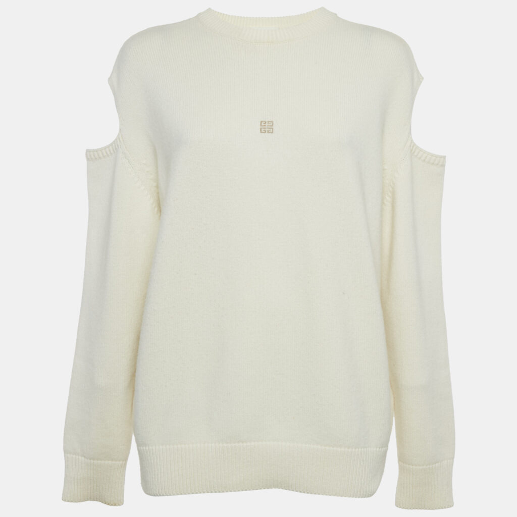 Givenchy Cream Logo Intarsia Wool & Cashmere Cold Shoulder Sweater S