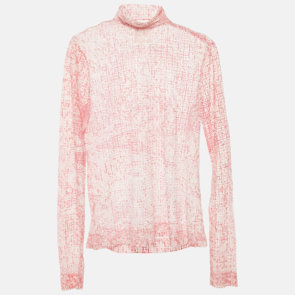 Givenchy Pink/White Mesh Velvet 4G Turtleneck Top M
