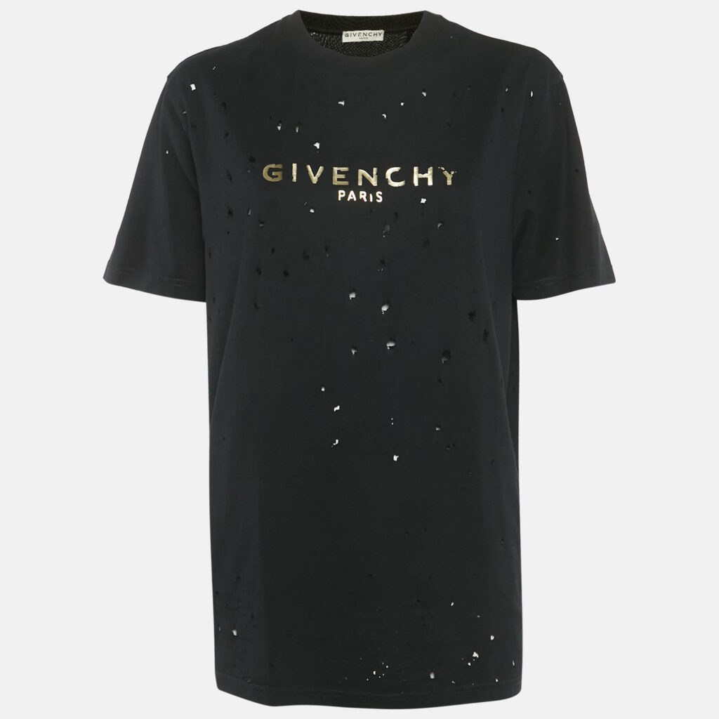 Givenchy Black Logo Print Cotton Distressed Crewneck T-Shirt XS