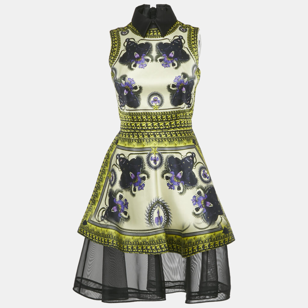 Givenchy Yellow Panther Print Satin Tulle Trim Short Dress S Givenchy Yellow Panther Print Satin Tulle Trim Short Dress S