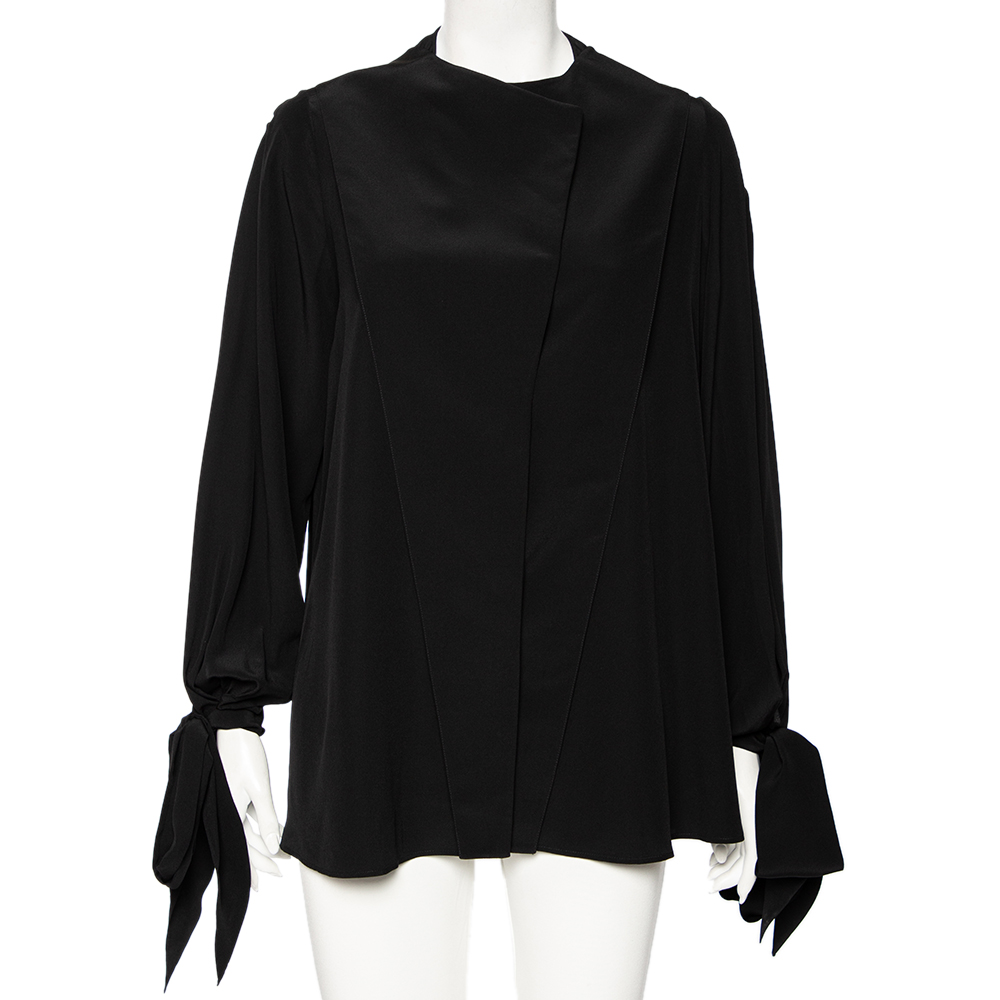 luxury-women-givenchy-used-clothes-p507994-006-1.jpg Givenchy Black Silk Sleeve Tie Detail Button Front Collarless Shirt M