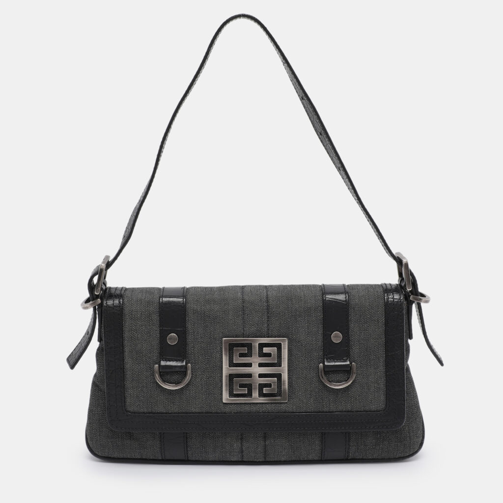 Givenchy Grey/Black Canvas and Croc Embossed Leather Flap Shoulder Bag Givenchy Grey/Black Canvas and Croc Embossed Leather Flap Shoulder Bag