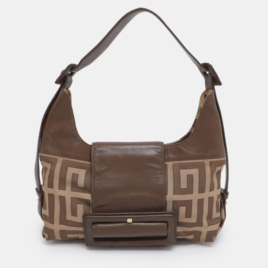 Givenchy Brown/Beige Monogram Canvas and Leather Buckle Flap Hobo
