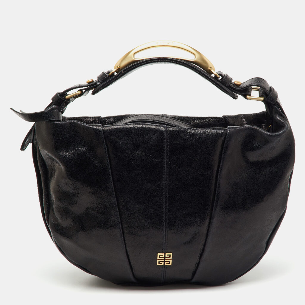 Givenchy Black Crinkled Glossy Leather Metal Handle Hobo