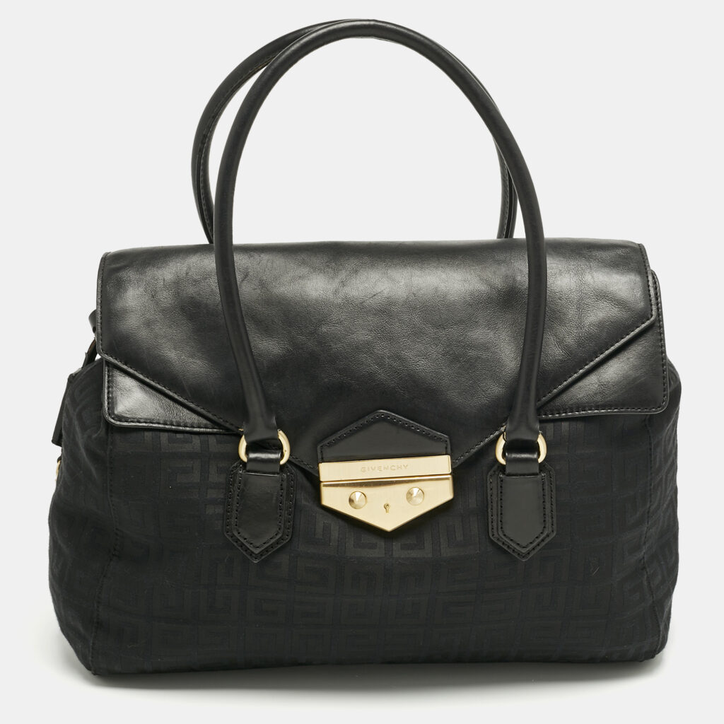 luxury-women-givenchy-used-handbags-p1213277-009-1.jpg Givenchy Black Logo Jacquard Fabric and Leather Double Flap Satchel