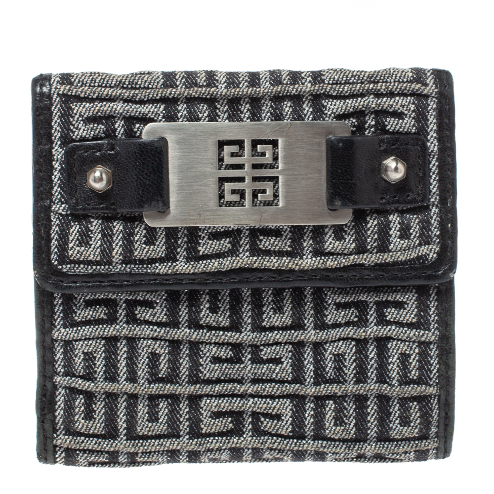 Givenchy Silver/Black Canvas and Leather Trim Embossed Logo Trifold Wallet Givenchy Silver/Black Canvas and Leather Trim Embossed Logo Trifold Wallet