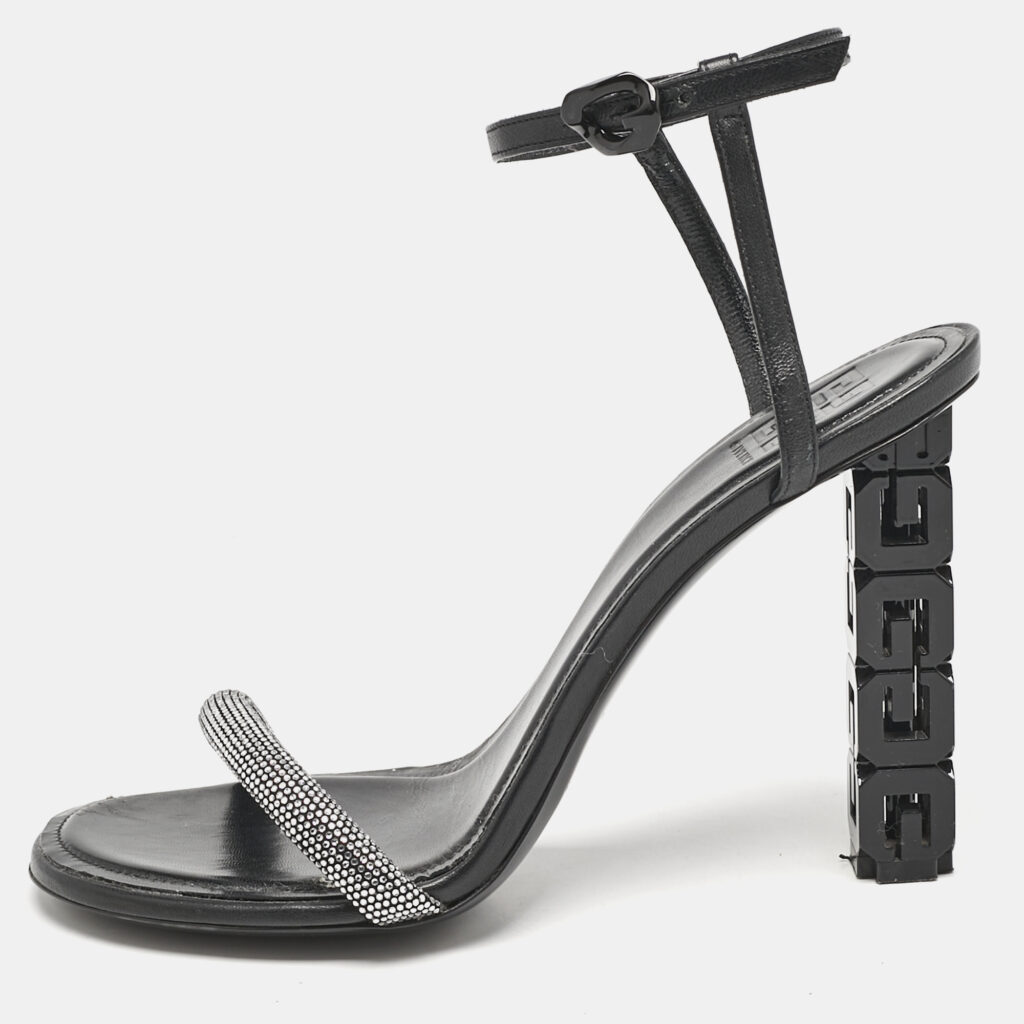 Givenchy Black Leather G Cube Crystal Embellished Heel Ankle Strap Sandals Size 41