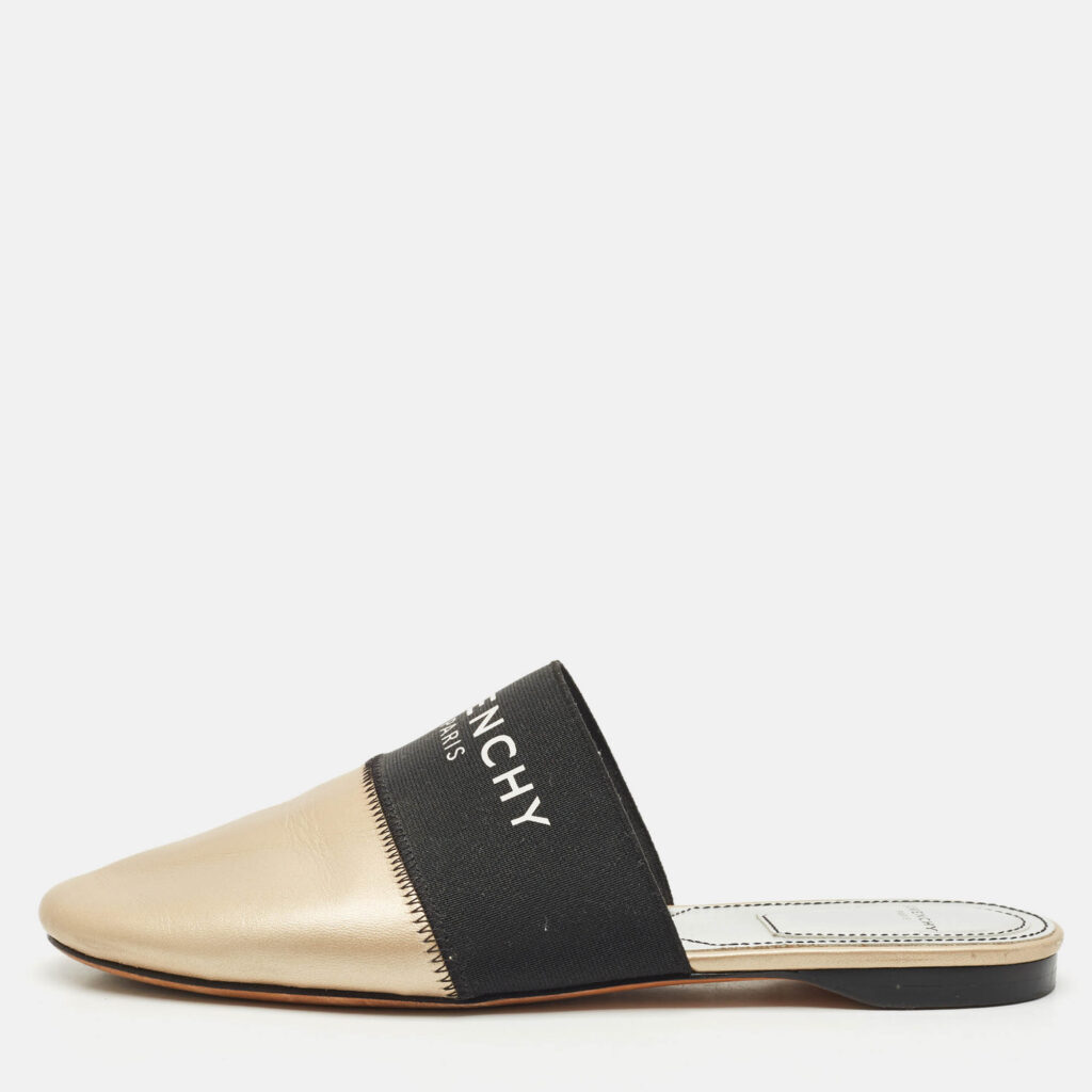 Givenchy Gold/Black Leather and Stretch Band Bedford Flat Mules Size 37 Givenchy Gold/Black Leather and Stretch Band Bedford Flat Mules Size 37