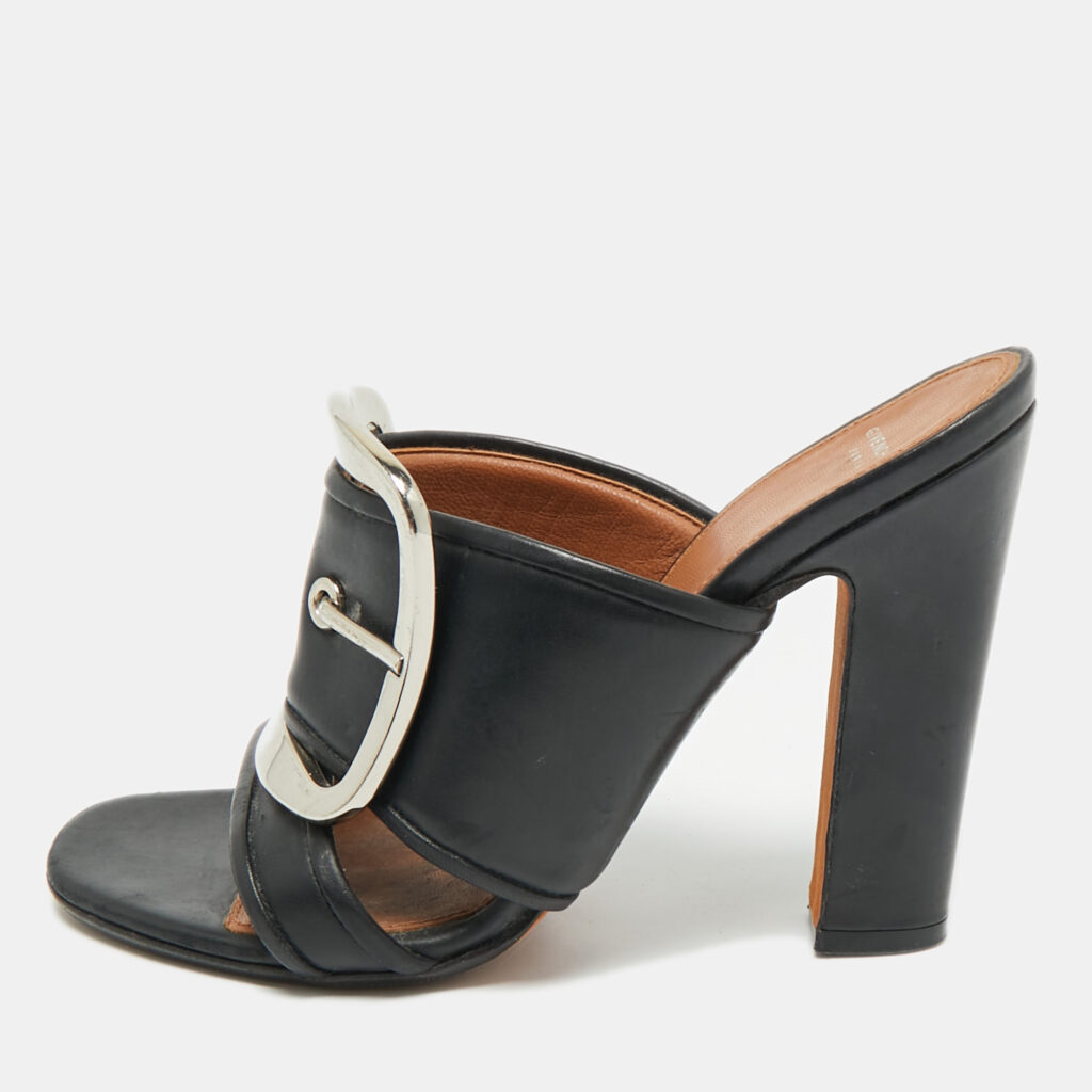 Givenchy Black Leather Buckle Detail Slide Sandals Size 36