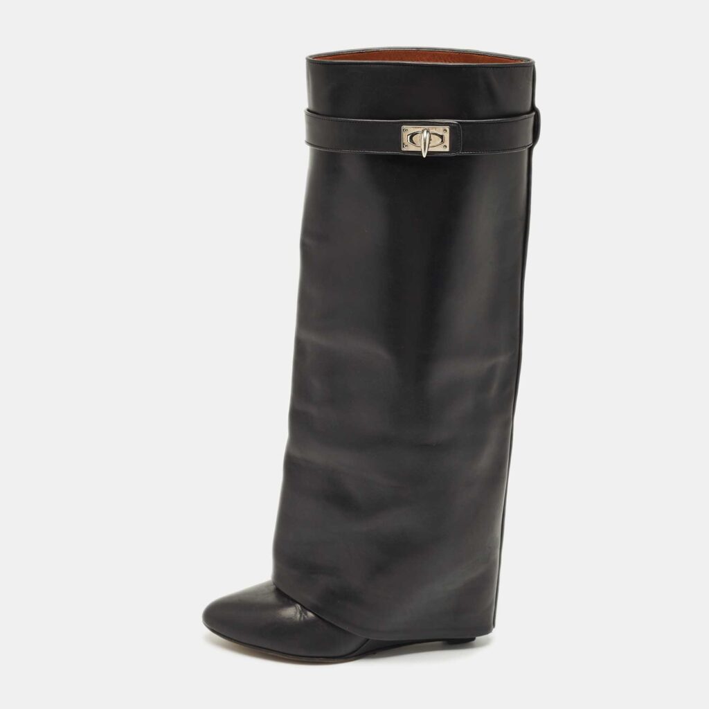 Givenchy Black Leather Shark Lock Wedge Knee High Boots Size 38 Givenchy Black Leather Shark Lock Wedge Knee High Boots Size 38