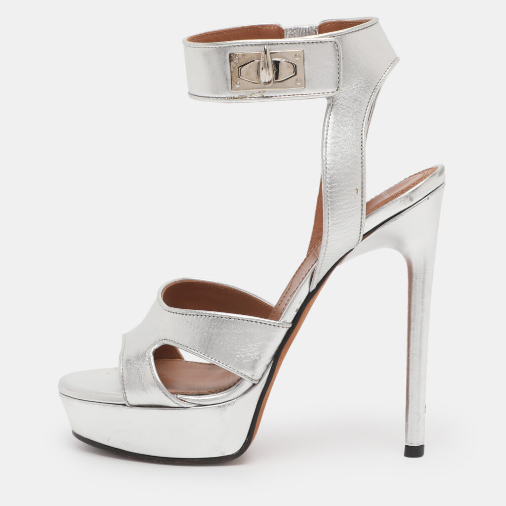 Givenchy Silver Leather Shark Lock Ankle Strap Sandals Size 36.5