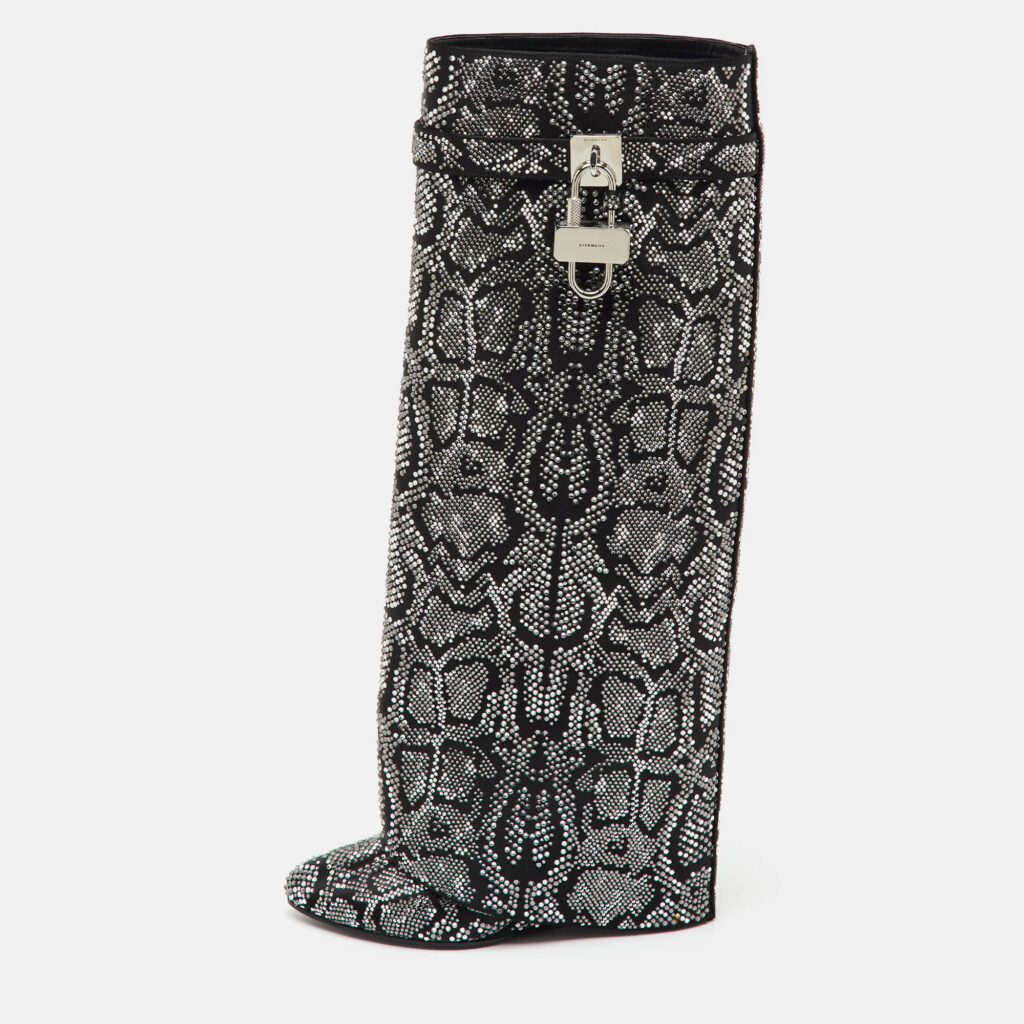Givenchy Black Satin Snake Effect Crystal Embellished Shark Lock Knee Length Boots Size 38 Givenchy Black Satin Snake Effect Crystal Embellished Shark Lock Knee Length Boots Size 38
