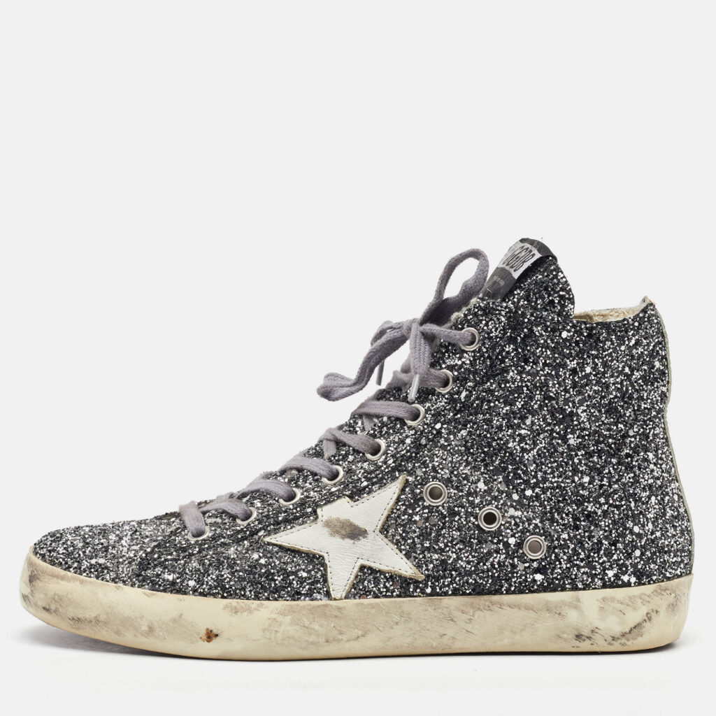 Golden Goose Silver/White Glitter and Leather High Top Francy Sneakers Size 40 Golden Goose Silver/White Glitter and Leather High Top Francy Sneakers Size 40