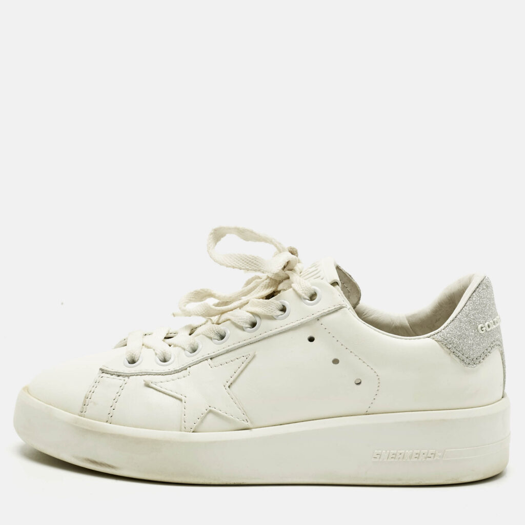 Golden Goose White/Silver Glitter and Leather PureStar Low Top Sneakers Size 35 Golden Goose White/Silver Glitter and Leather PureStar Low Top Sneakers Size 35