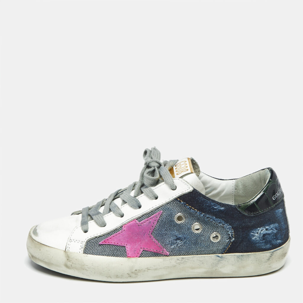 Golden Goose White/Blue Leather and Denim Super Star Sneakers Size 36