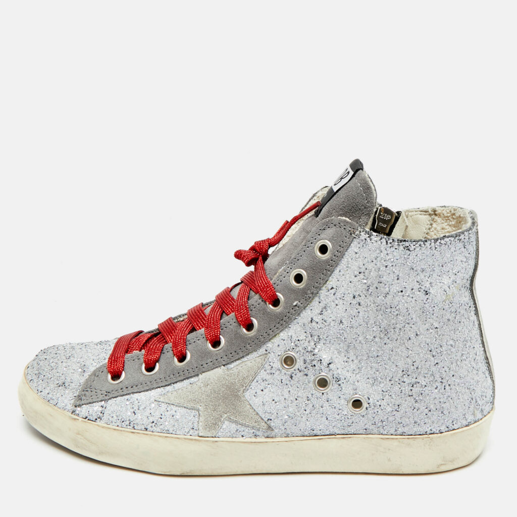 luxury-women-golden-goose-used-shoes-p1244436-010.jpg Golden Goose Grey Glitter and Suede Francy Sneakers Size 38