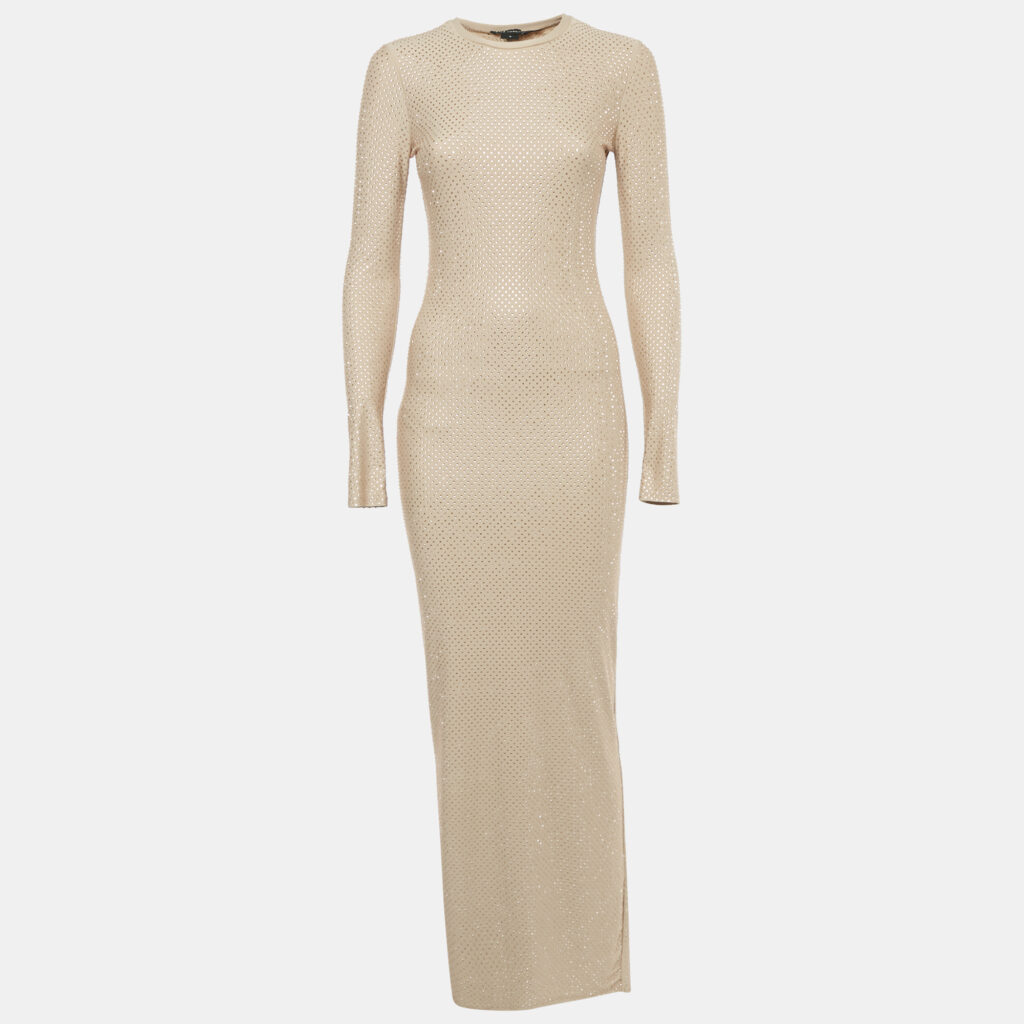 Good American Beige Studded Jersey Long Sleeve Maxi Dress S Good American Beige Studded Jersey Long Sleeve Maxi Dress S