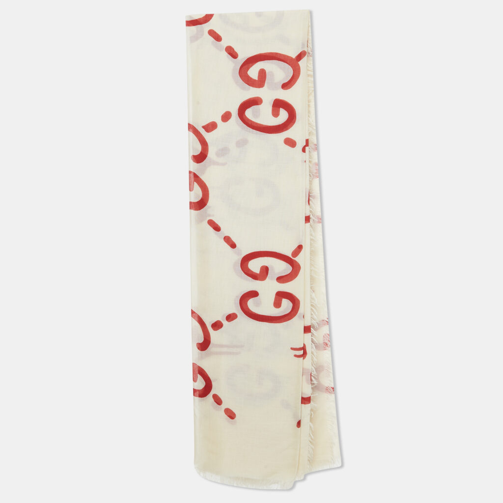 Gucci Cream & Red GG Ghost Print Modal & Silk Blend Scarf Gucci Cream & Red GG Ghost Print Modal & Silk Blend Scarf