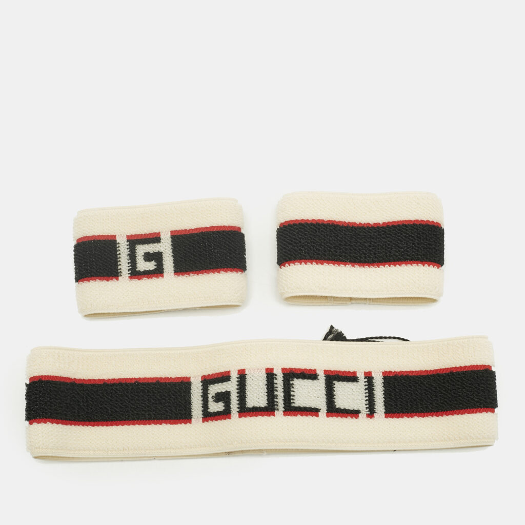 Gucci Beige Logo Stripe Sports Headband & Wristbands Set S Gucci Beige Logo Stripe Sports Headband & Wristbands Set S