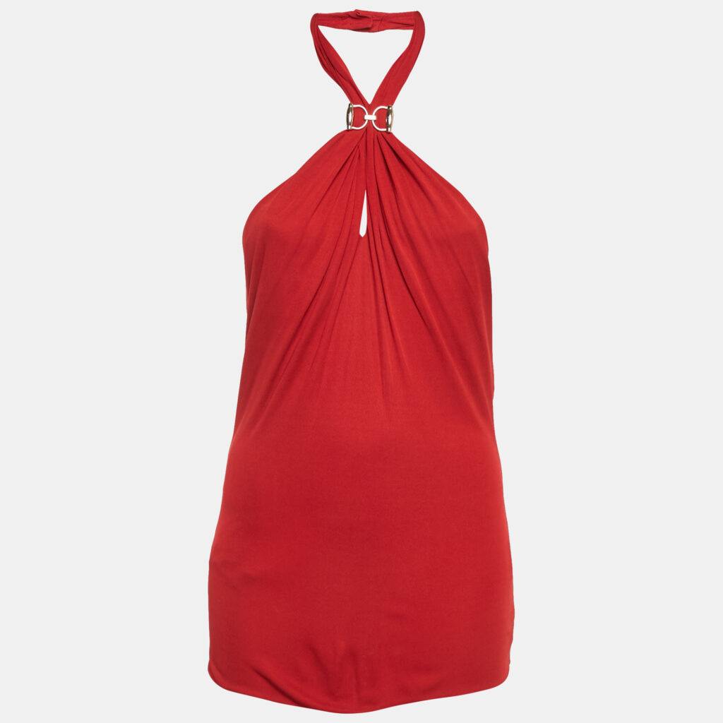 Gucci Red Horsebit Detail Crepe Jersey Halter Neck Top L Gucci Red Horsebit Detail Crepe Jersey Halter Neck Top L