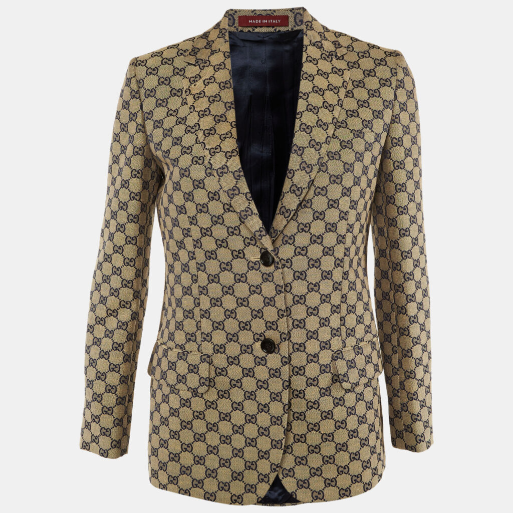 Gucci Beige/Blue GG Supreme Linen Blend Tailored Jacket S