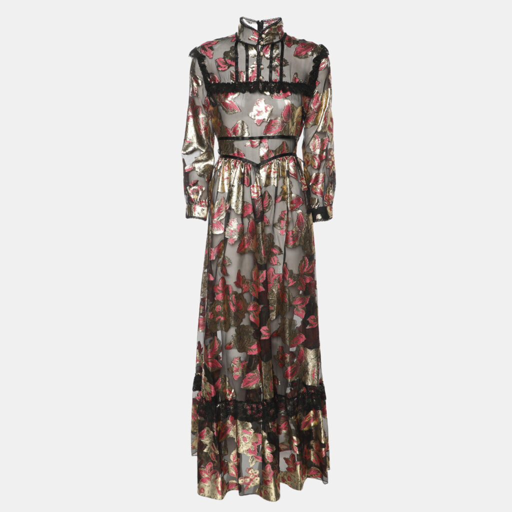 Gucci Gold/Pink Flora Pattern Tulle and Lace Trim Belted Maxi Dress S