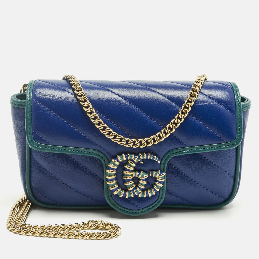 Gucci Blue/Green Diagonal Quilt Leather Super Mini GG Marmont Torchon Shoulder Bag Gucci Blue/Green Diagonal Quilt Leather Super Mini GG Marmont Torchon Shoulder Bag