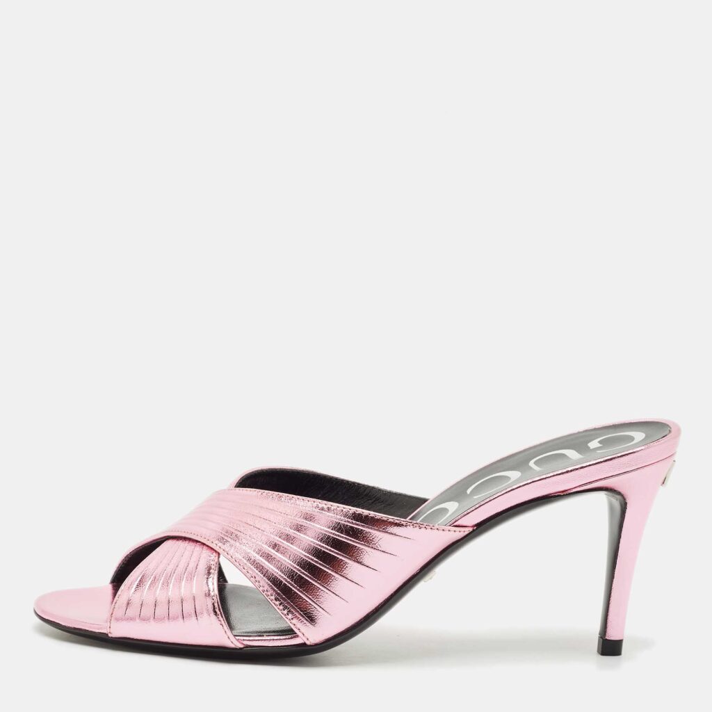 Gucci Metallic Pink Leather Criss Cross Slide Sandals Size 37