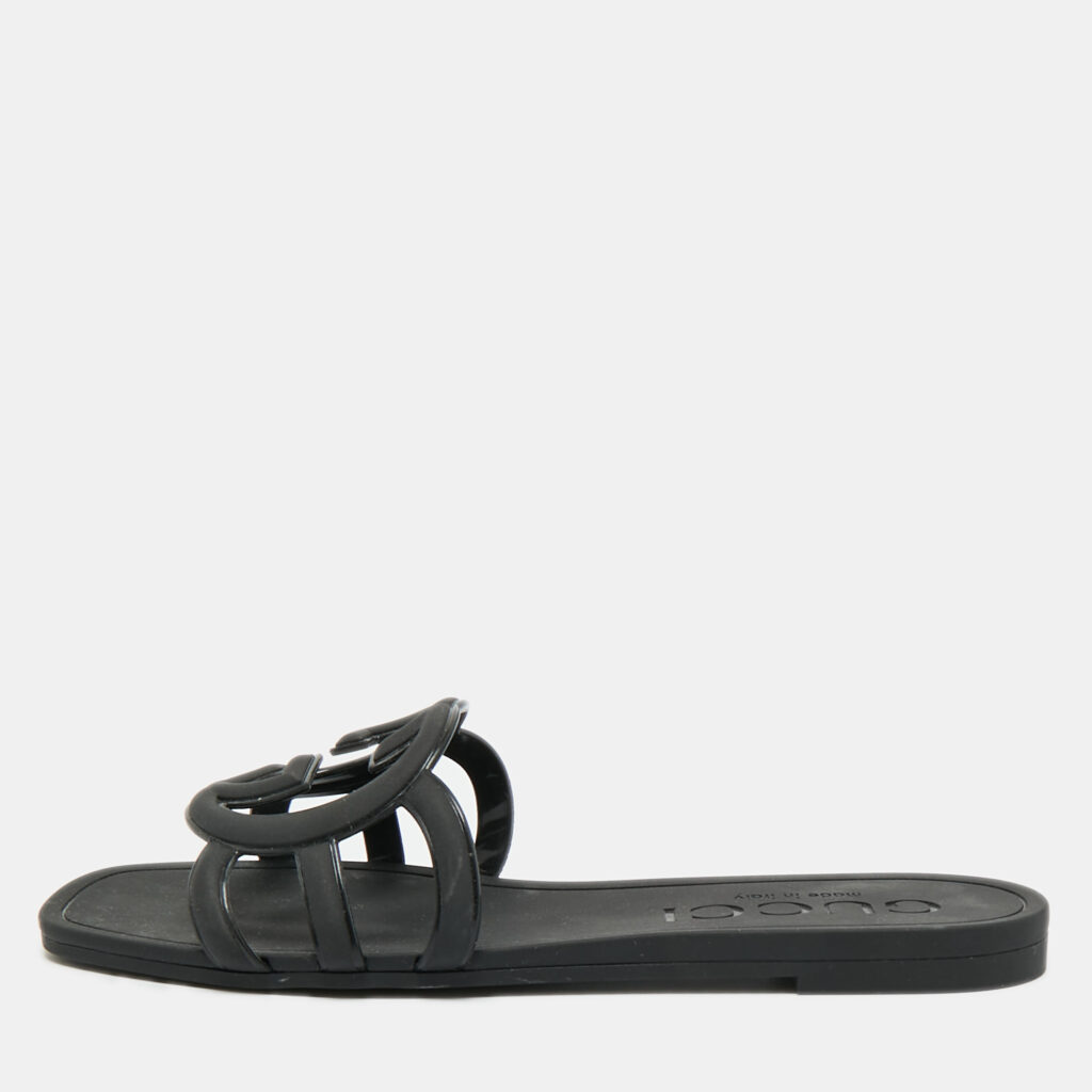 Gucci Black Rubber Interlocking G Flat Slides Size 35