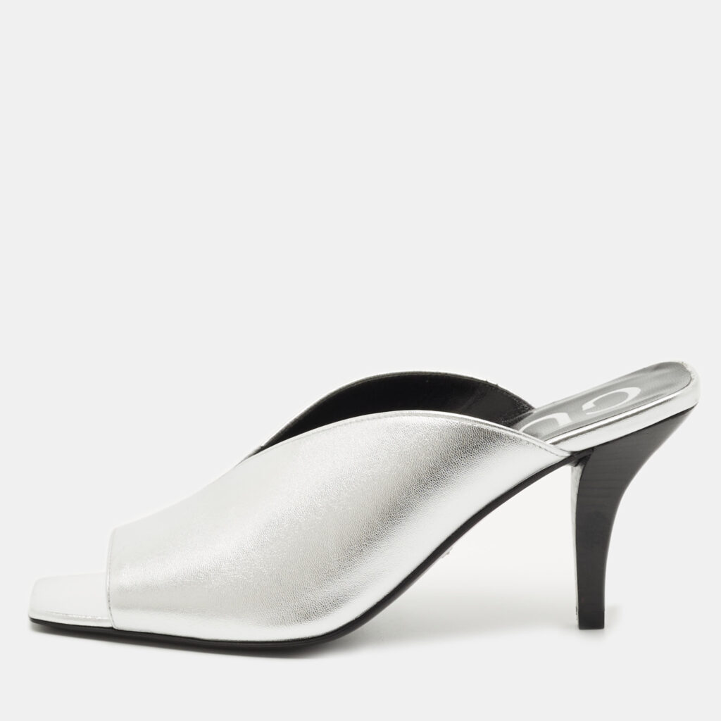 Gucci Silver Leather Square G Mules Size 35.5