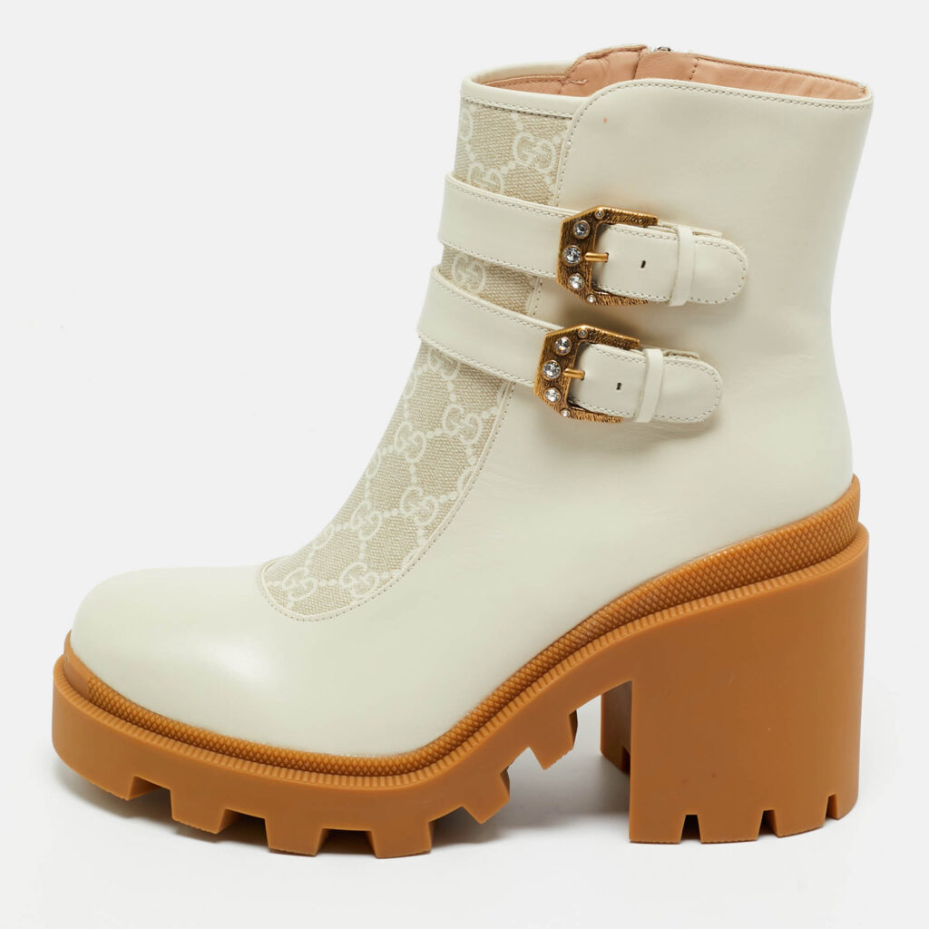 Gucci Off White Leather and GG Supreme Canvas Kensington Ankle Boots Size 42 Gucci Off White Leather and GG Supreme Canvas Kensington Ankle Boots Size 42