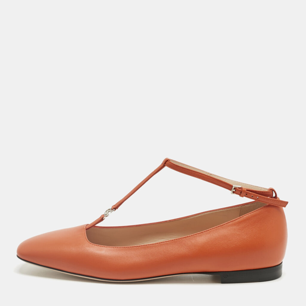 luxury-women-gucci-new-shoes-p1225474-002.jpg Gucci Orange Leather Interlocking G Logo T Strap Ballet Flats Size 40