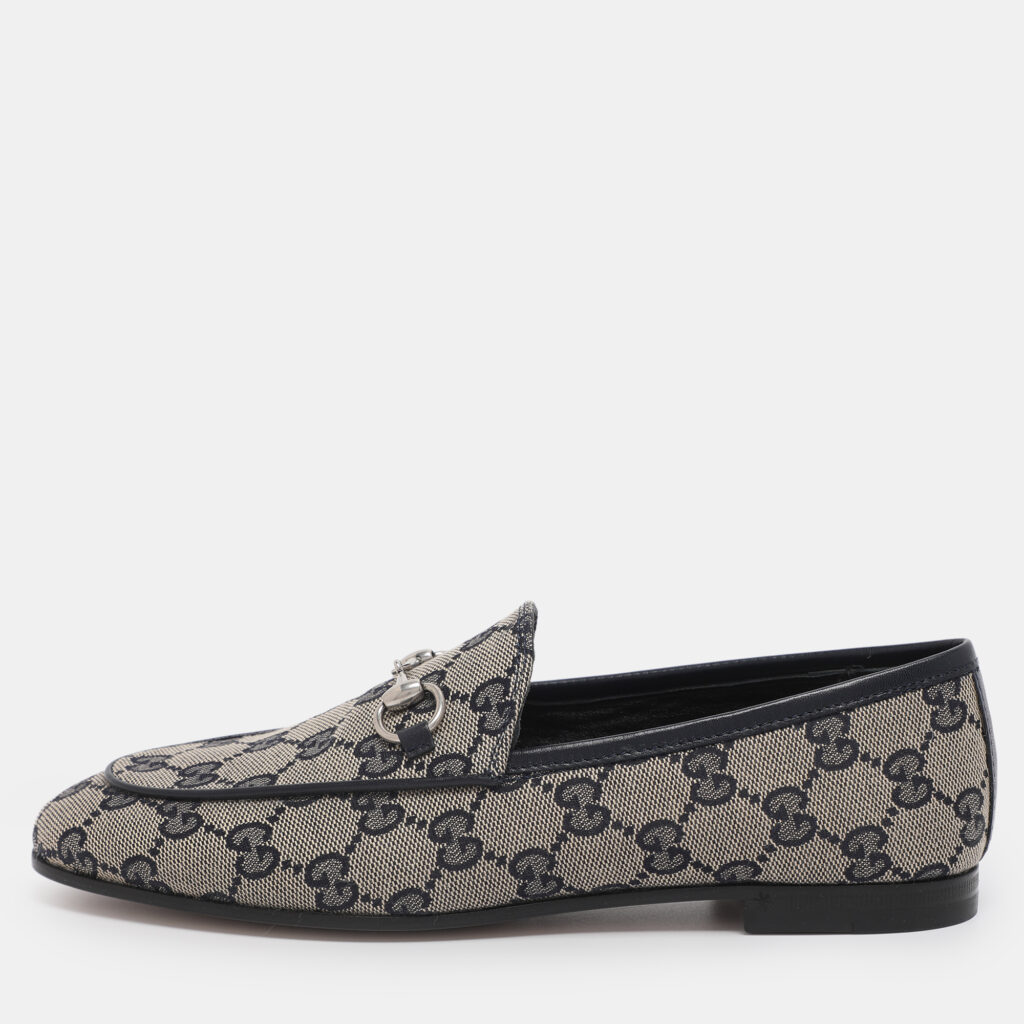 Gucci Beige/Blue GG Canvas and Leather Jordaan Horsebit Loafers Size 36.5 Gucci Beige/Blue GG Canvas and Leather Jordaan Horsebit Loafers Size 36.5