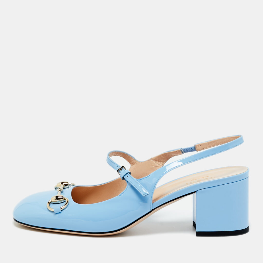 Gucci Horsebit Size 38 Blue Patent Leather Mary Jane Pumps