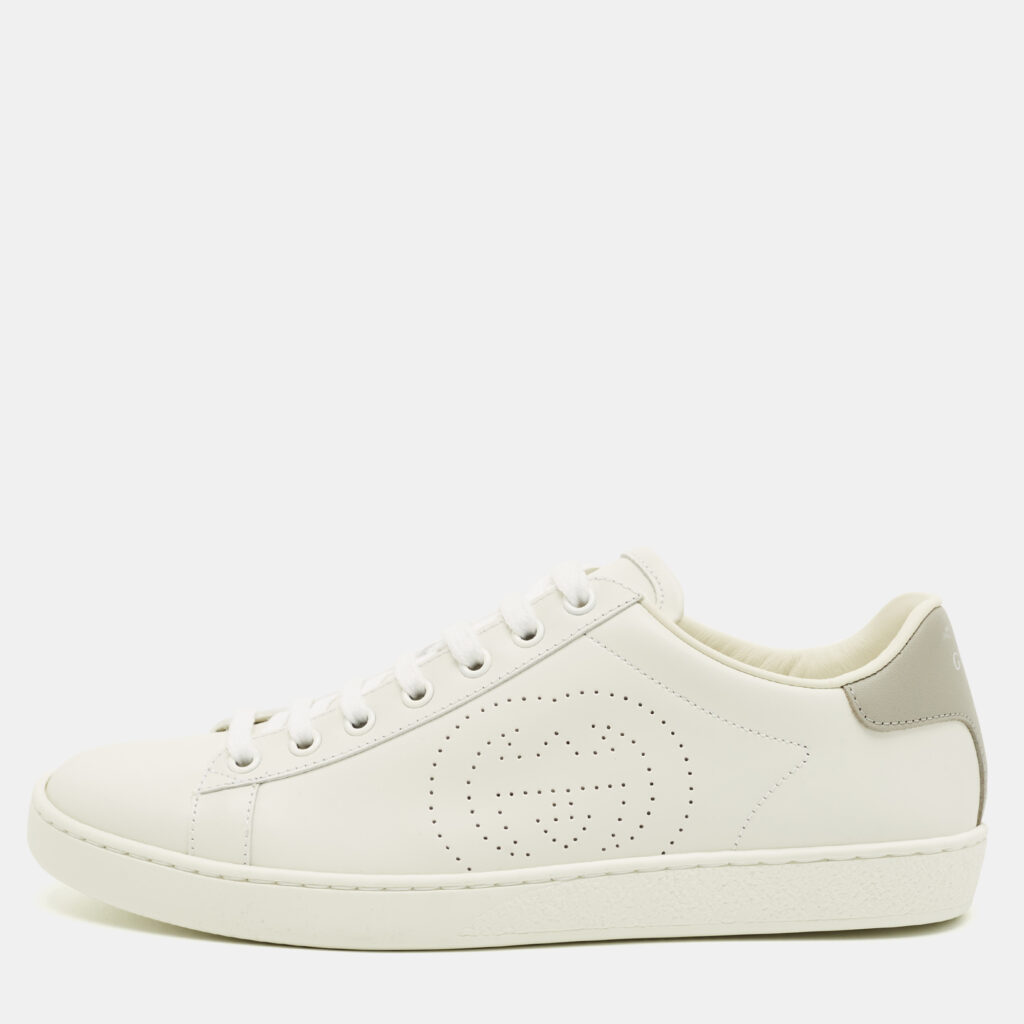 Gucci Ace Size 38.5 White Perforated Interlocking G Leather Low Top Sneakers Gucci Ace Size 38.5 White Perforated Interlocking G Leather Low Top Sneakers