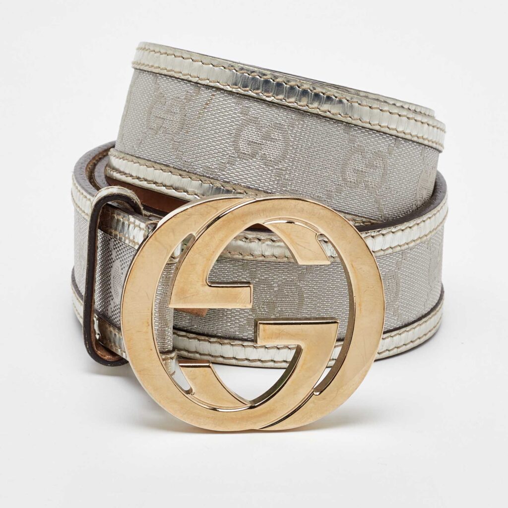 luxury-women-gucci-used-accessories-p1106819-004-1.jpg Gucci Metallic GG Canvas and Leather Interlocking G Buckle Belt 85CM