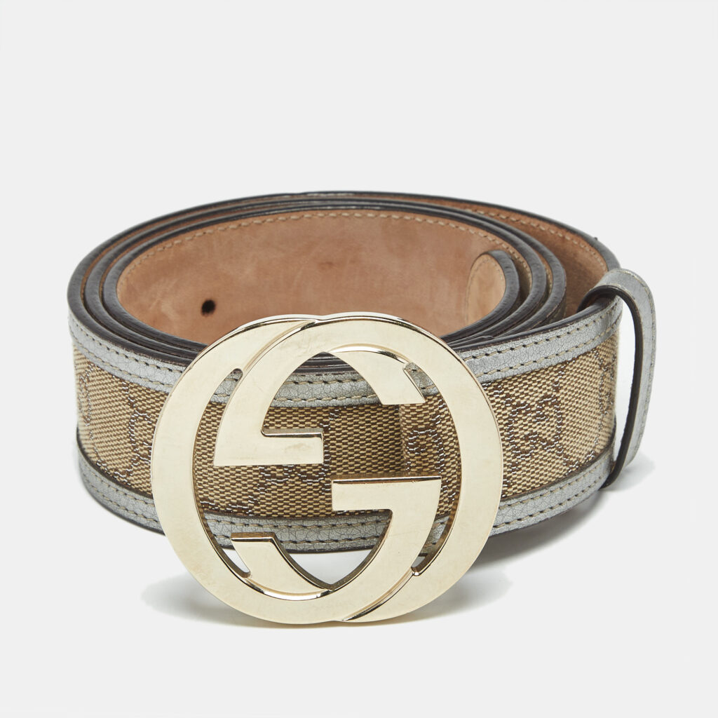 Gucci Beige/Silver GG Canvas and Leather Interlocking G Buckle Belt 90CM Gucci Beige/Silver GG Canvas and Leather Interlocking G Buckle Belt 90CM
